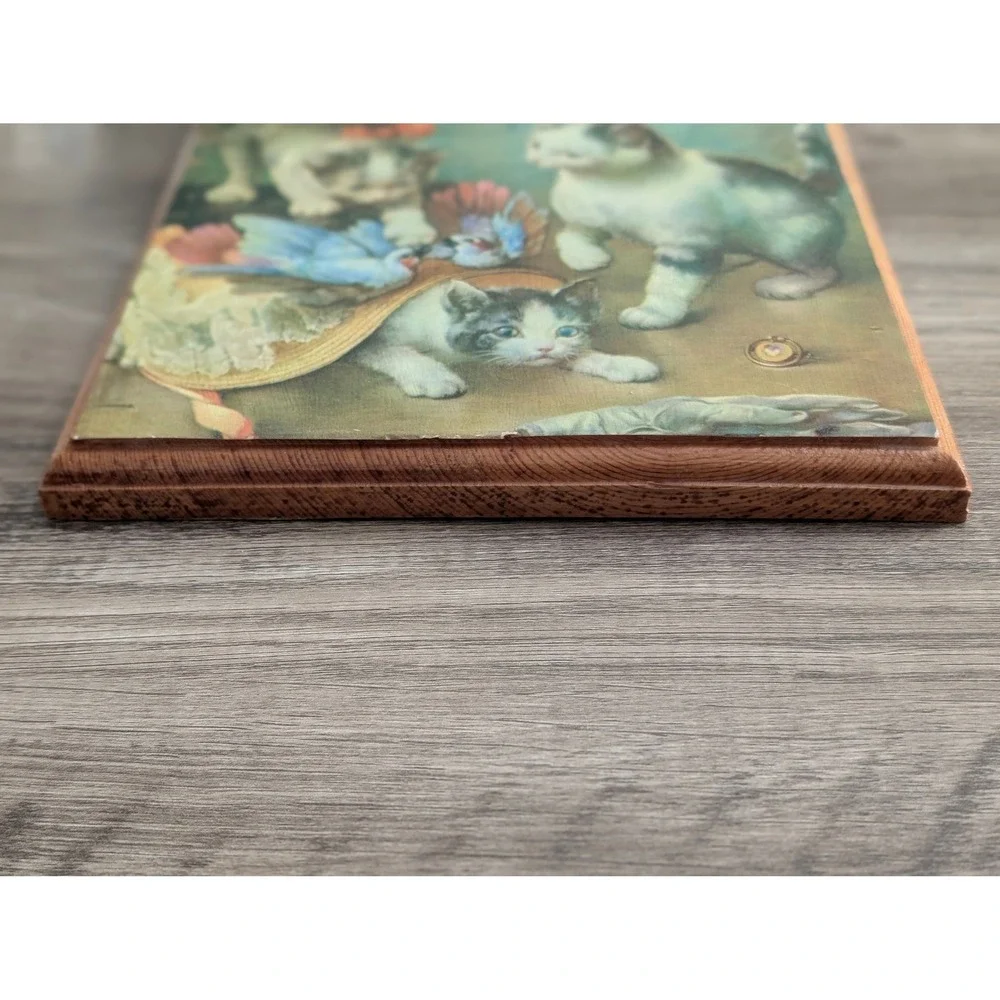 Vintage C Reichert Kittens and Birds Wood Plaque Wall Art 1976 Decoupage